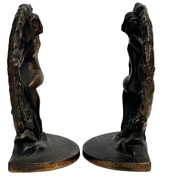 Antique Art Nouveau Heavy Cast 'Nude in Wreath' Set of Bookends Bronze Finish - Picture 6 of 9